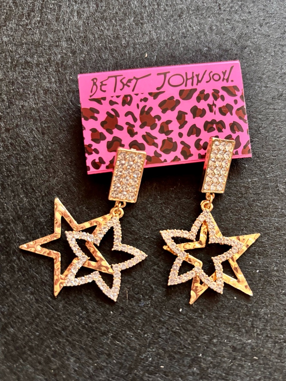 Betsey Johnson Gold-tone Crystal Star Drop Earrings with Pink Card